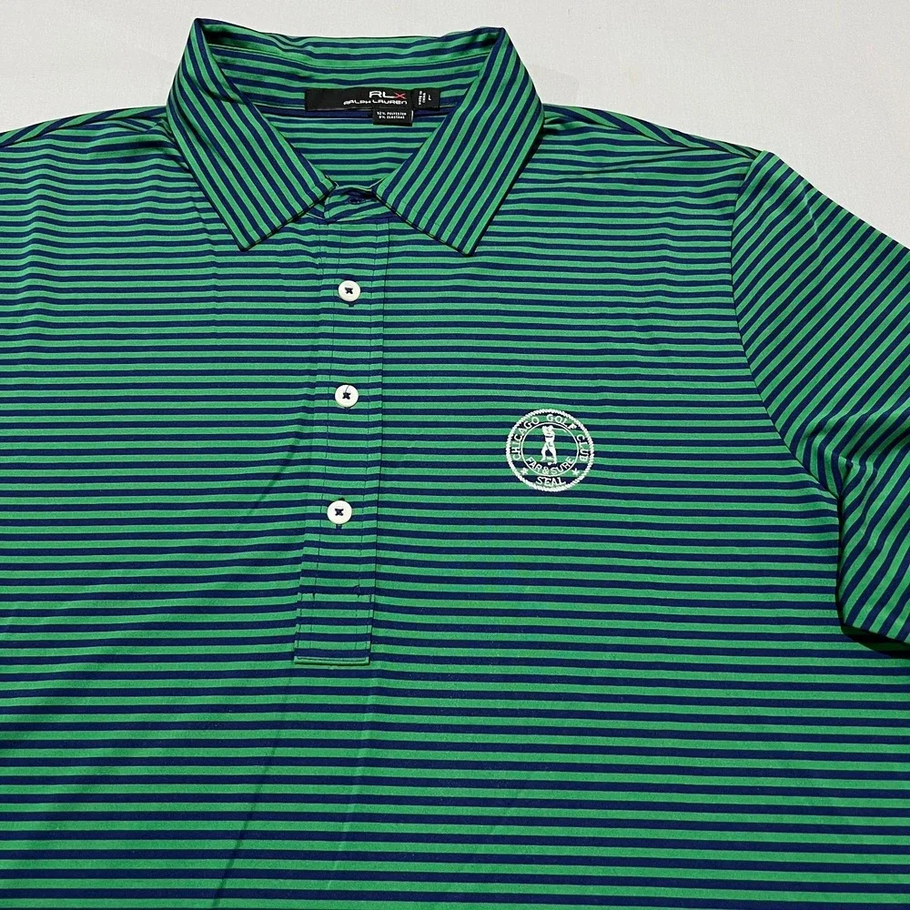 RLX Ralph Lauren Mens Green Blue Striped Chicago Golf Club Polo Shirt Size L